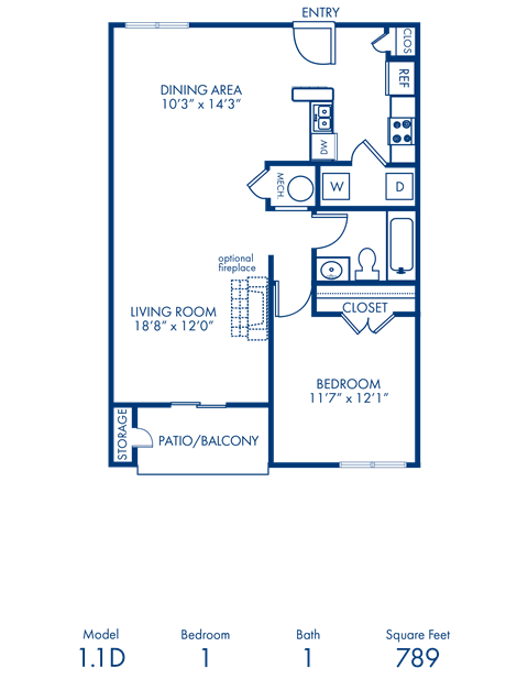 Floor plan for 1 bed, 1 bath, 789 sqft